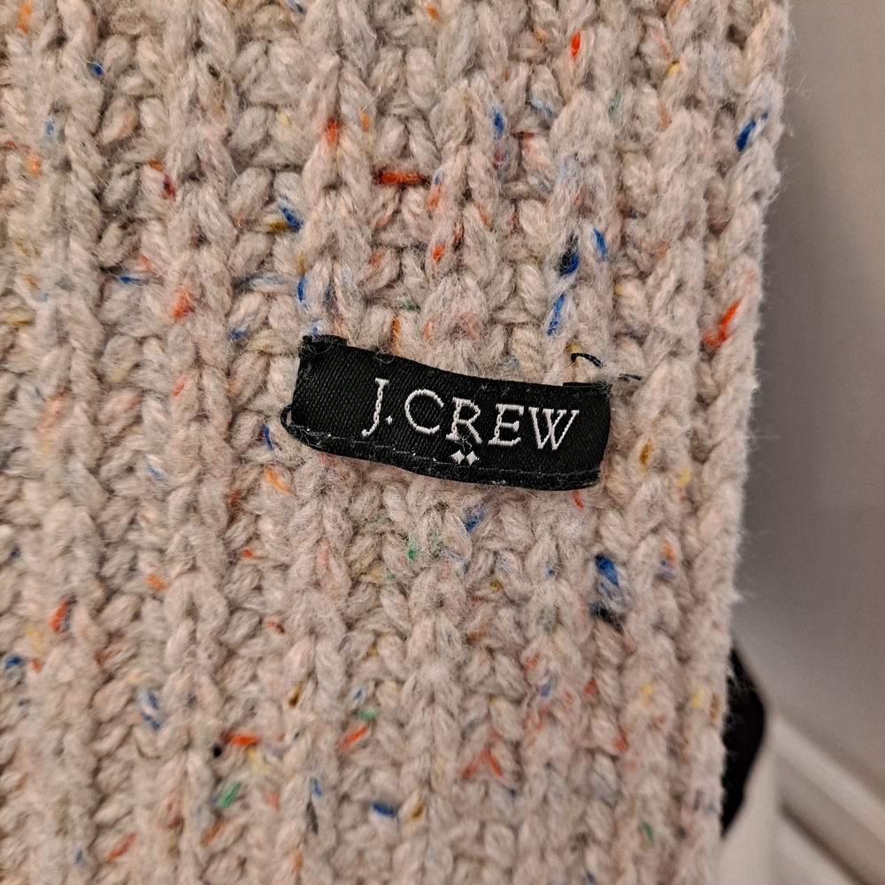 J. Crew Oatmeal Multicolor Speckled Ribbed Knit Wool Scarf With Pompoms - Picture 4 of 6